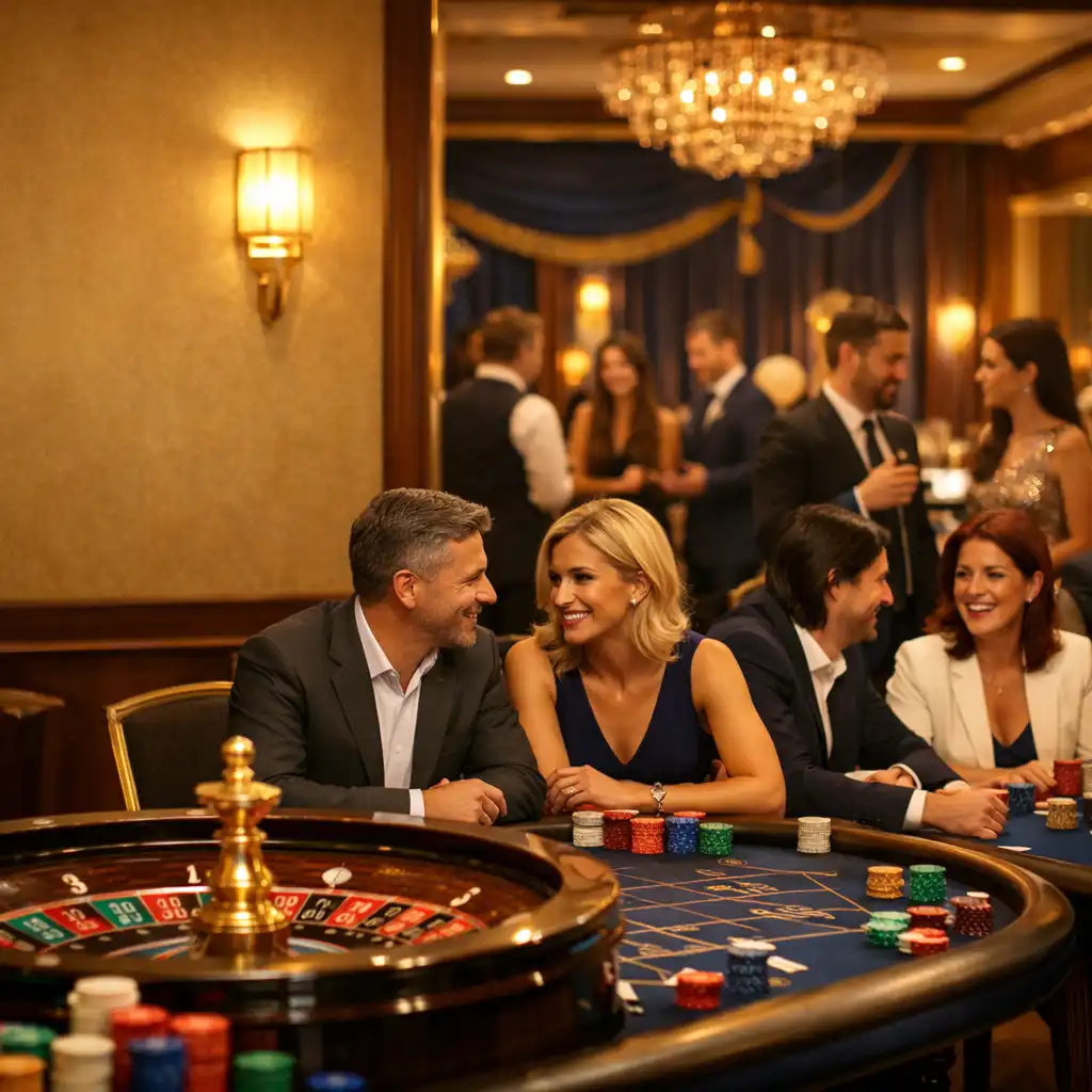 Event firmowy w eleganckim stylu kasyna z uczestnikami przy stołach