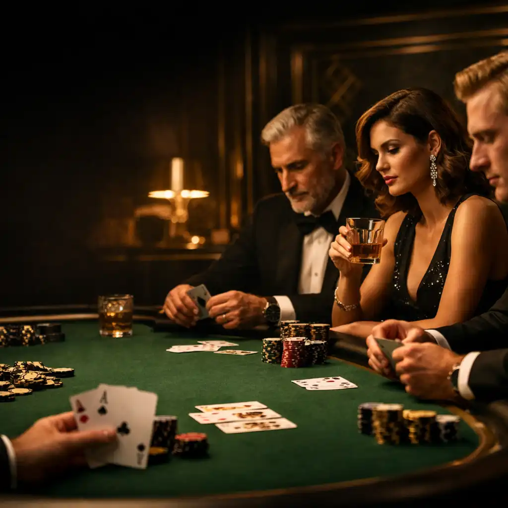 Elegancki stół pokerowy z żetonami i kartami w klimacie premium
